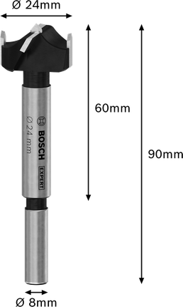 Broca para cortar bisagras de madera laminada Bosch EXPERT, 24 mm de diámetro.
